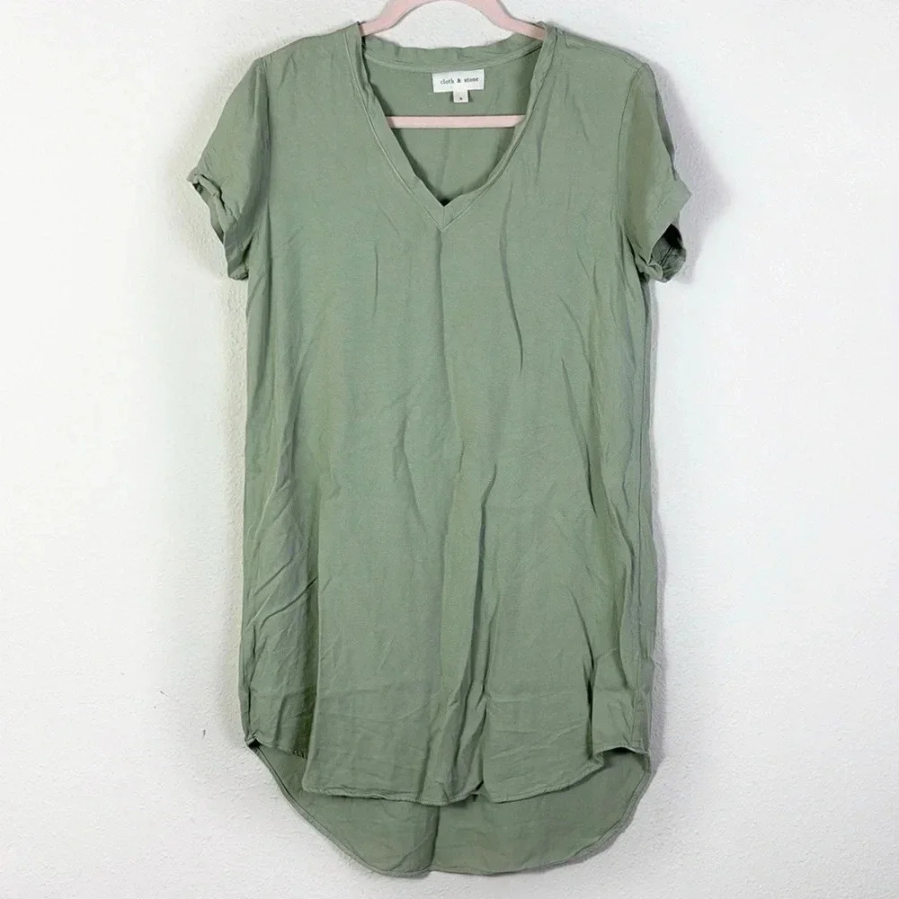 Anthropologie Cloth & Stone T-Shirt Dress Tunic V-Neck Green High Low‎ Hem Small
